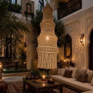 May include: A large, off-white, hand-knotted macrame pendant light fixture with a tiered, bell-shaped structure and a long, fringed bottom edge. The intricate woven cord design features a central opening for a light bulb, creating a textured look.