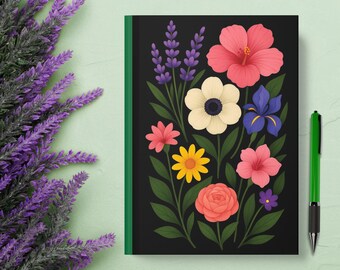 Diario floral verde y negro: cuaderno de tapa dura con líneas: ¡un regalo para la primavera o para cualquier momento!