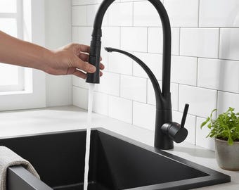 Matte Black Kitchen Faucet – Single Handle Pull Down Sink Mixer, Deck Mounted, High Arc, Brass, 5-Year Warranty