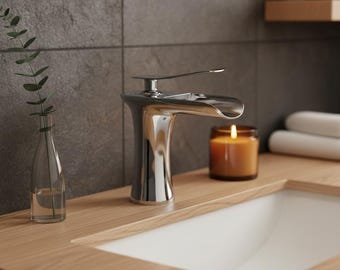 Waterfall Spout Faucet | Polished Chrome Bathroom Mixer | Modern Single Handle Basin Tap