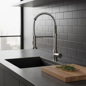 Może przedstawiać: Bateria kuchenna ze stali nierdzewnej z wyciąganym spryskiwaczem. Ciemny blat z czarnym zlewem i drewnianą deską do krojenia z rozmarynem. Tło to ściana z ciemnoszarych płytek.