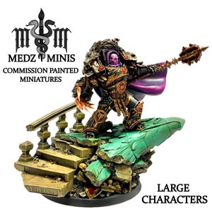 May include: Commission painted miniature of a large character, standing on a detailed base. The figure is clad in black and gold armour, with a purple cape and a spiked weapon. The base is green and tan, with the text "LARGE CHARACTERS".