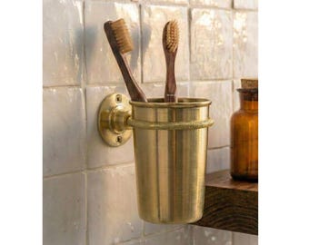 Unlacquered Brass Toothbrush Cup Holder, Wall Mount Toothbrush Organizer