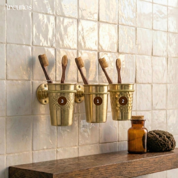 Unlacquered Brass Toothbrush Cup Holder, Wall Mount, Toothbrush Organizer.