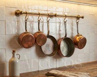 Unlacquered Brass Pot Rail, Wall Mounted Rack With S Hooks, Antique Brass Kitchen Organizer