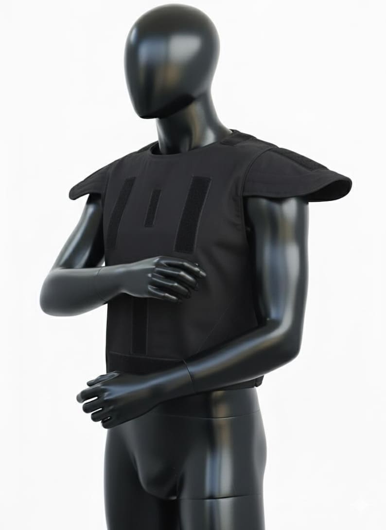 May include: Black tactical vest with shoulder pads and multiple vertical velcro straps. The vest is displayed on a black mannequin against a white background. The vest appears to be made of a durable, matte material.