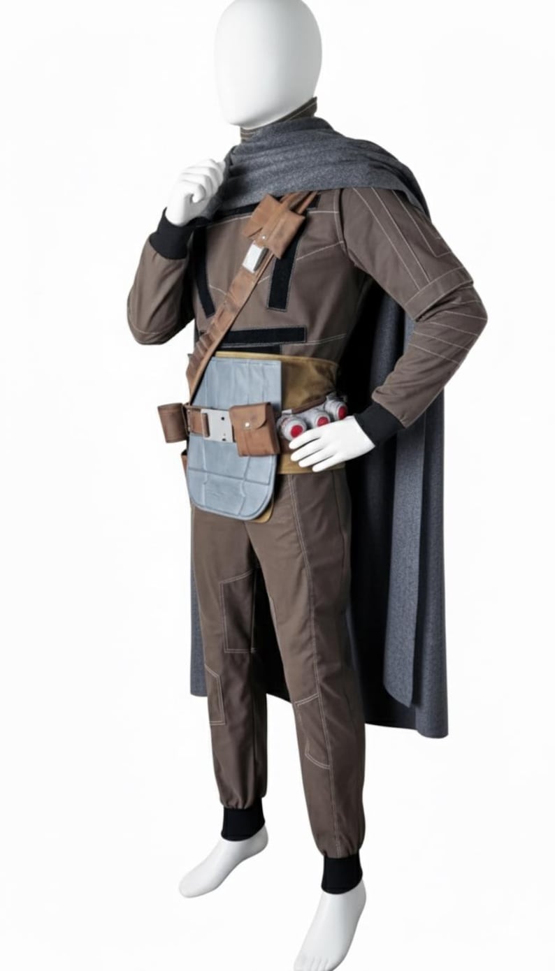 May include: A brown and gray costume with a cape, belt, and accessories. The outfit includes a long-sleeved top, pants, and a gray cape. The belt has pouches and a gray chest plate. The costume is displayed on a mannequin.