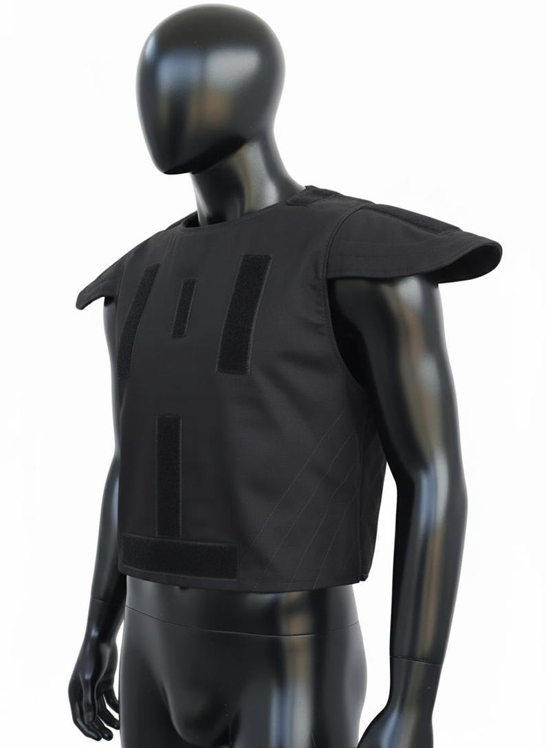 May include: Black ballistic vest with shoulder pads, displayed on a black mannequin. The vest has multiple hook-and-loop closures and a quilted design on the sides. The mannequin is set against a white background.