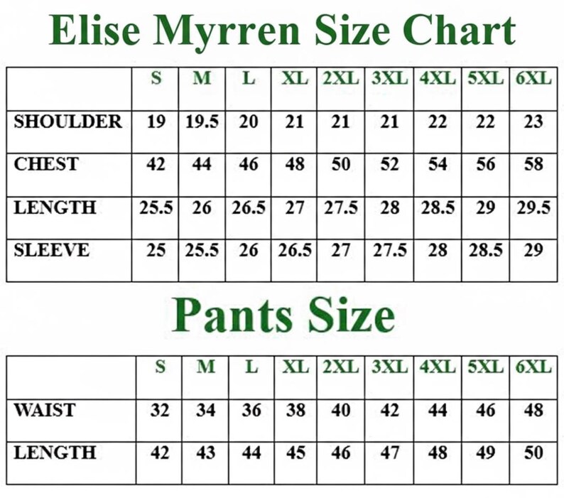 May include: A size chart for Elise Myrren clothing, with measurements for shoulders, chest, length, and sleeve. The chart includes sizes S through 6XL, with measurements in inches for tops and pants.