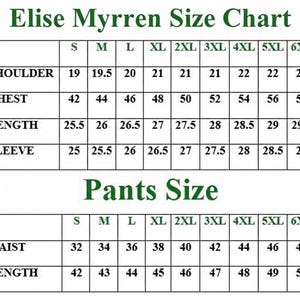 May include: A size chart for Elise Myrren clothing, with measurements for shoulders, chest, length, and sleeve. The chart includes sizes S through 6XL, with measurements in inches for tops and pants.