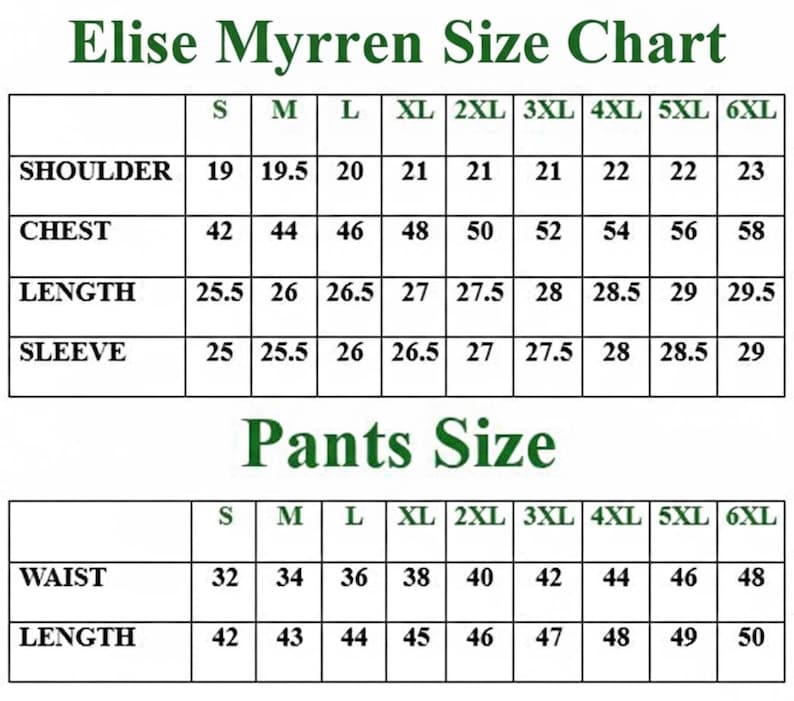 May include: A size chart for Elise Myrren clothing, with measurements for shoulders, chest, length, and sleeve. The chart includes sizes S through 6XL, with measurements in inches for tops and pants.