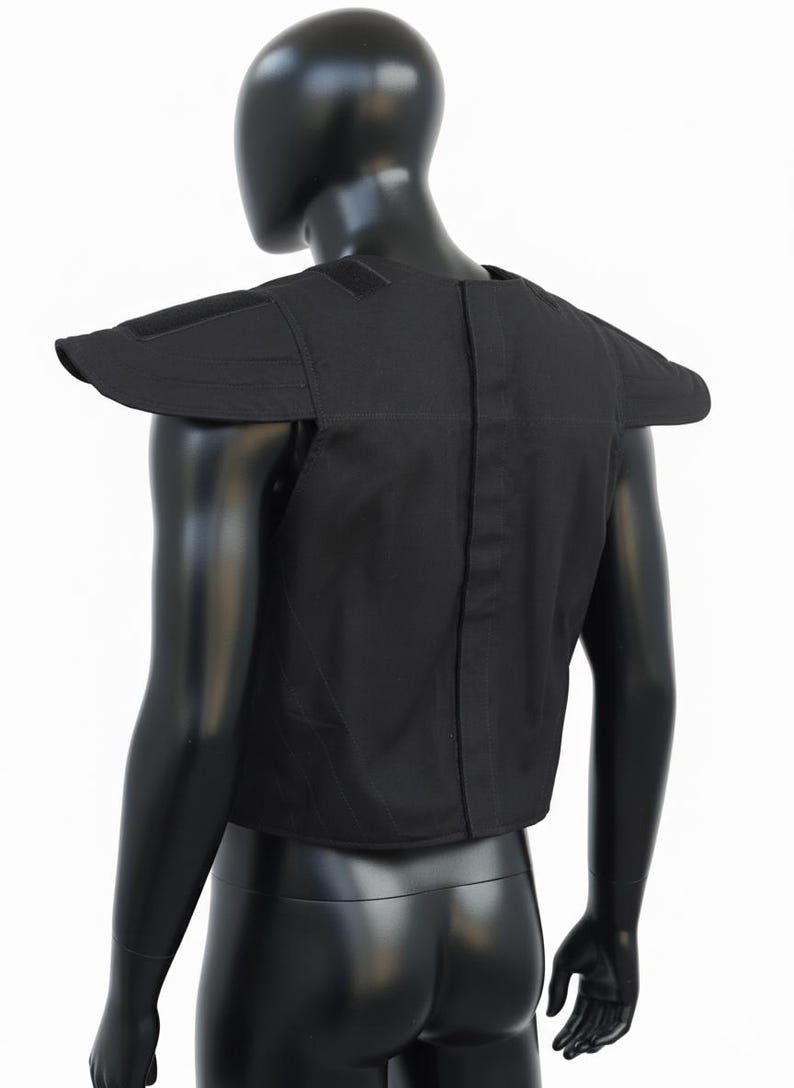 May include: Black tactical shoulder and upper chest protector. The protective gear has a padded design with wide shoulder flaps and a central vertical seam. The item is displayed on a black mannequin against a white background.