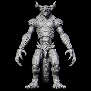 May include: A gray, detailed figurine of a monstrous creature with horns, sharp claws, and a long tail. The figure has a textured, reptilian appearance and stands against a black background. The creature's pose is upright, with arms at its sides.