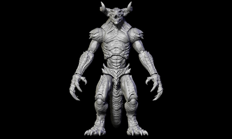 May include: A gray, detailed figurine of a monstrous creature with horns, sharp claws, and a long tail. The figure has a textured, reptilian appearance and stands against a black background. The creature's pose is upright, with arms at its sides.