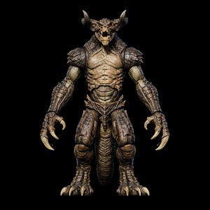 May include: A detailed action figure of a monstrous creature with a reptilian appearance. The figure has a brown and tan color scheme, with sharp claws, horns, and a menacing expression. The figure is posed against a black background.
