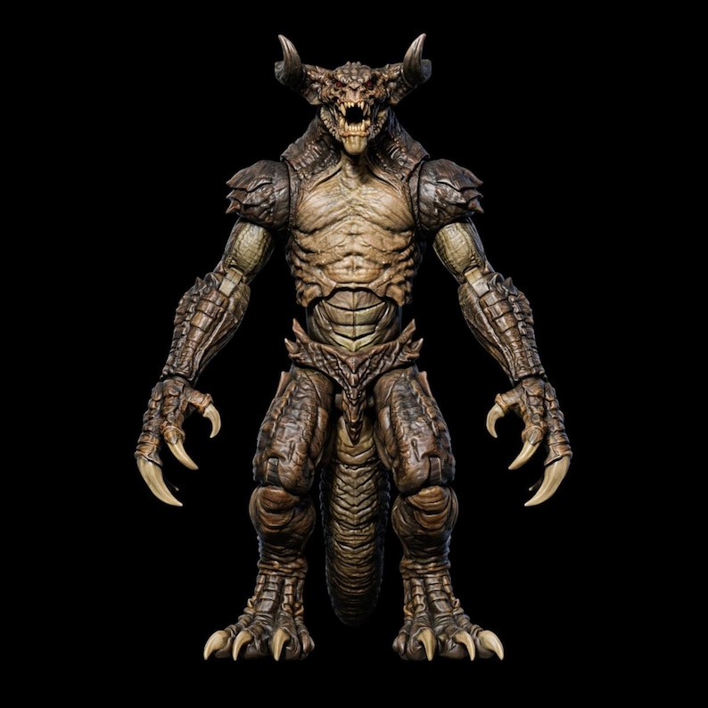 May include: A detailed action figure of a monstrous creature with a reptilian appearance. The figure has a brown and tan color scheme, with sharp claws, horns, and a menacing expression. The figure is posed against a black background.