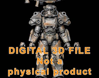 May include: A digital 3D file of a detailed, weathered power armor suit and a rifle, set against a black background. The armor is metallic with rust-colored accents. Text on the image reads "DIGITAL 3D FILE Not a physical product."