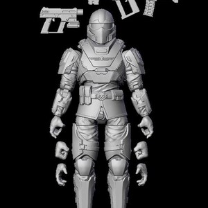 May include: A gray action figure of a soldier in futuristic armor, with a helmet, and a belt with a skull buckle. The figure is accompanied by a rifle, a pistol, and multiple interchangeable hands.