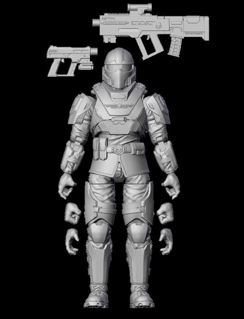 May include: A gray action figure of a soldier in futuristic armor, with a helmet, and a belt with a skull buckle. The figure is accompanied by a rifle, a pistol, and multiple interchangeable hands.