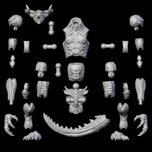May include: A collection of gray, 3D-printed monster parts, including a horned skull, torso, limbs, and a spiked tail. The pieces are arranged on a black background, ready for assembly. Ideal for fantasy enthusiasts and model builders.