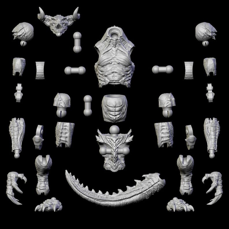 May include: A collection of gray, 3D-printed monster parts, including a horned skull, torso, limbs, and a spiked tail. The pieces are arranged on a black background, ready for assembly. Ideal for fantasy enthusiasts and model builders.