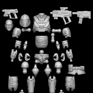 May include: A collection of unassembled, light gray miniature parts for a sci-fi or fantasy figure. Includes a helmet, armor, weapons, and various body components. The pieces are arranged against a black background.