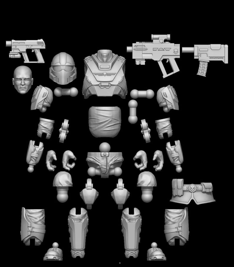 May include: A collection of unassembled, light gray miniature parts for a sci-fi or fantasy figure. Includes a helmet, armor, weapons, and various body components. The pieces are arranged against a black background.