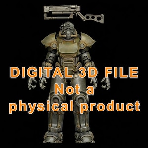 May include: A detailed digital 3D model of a futuristic armored suit with a matching weapon, set against a black background. The text "DIGITAL 3D FILE Not a physical product" is displayed in orange.