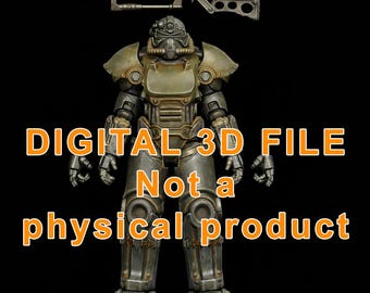 May include: A detailed digital 3D model of a futuristic armored suit with a matching weapon, set against a black background. The text "DIGITAL 3D FILE Not a physical product" is displayed in orange.
