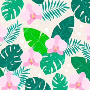 Peut inclure: Motif sans couture avec des orchidées roses, des feuilles tropicales vertes et des pois blancs sur fond crème. Le motif comprend de grandes feuilles de monstera, des frondes de palmier et des fleurs d'orchidées, créant un thème botanique vibrant.