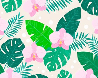 Seamless tropical pattern - Monstera leaves and orchids - for textiles, stationery, web design and printables