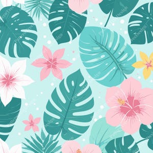 Op de afbeelding: Een naadloos patroon met tropische bladeren en bloemen. Grote, blauwgroene Monstera-bladeren en kleinere palmbladeren worden afgewisseld met roze en gele hibiscusbloemen en witte stippen op een lichtblauwe achtergrond. Het ontwerp is een herhalend patroon.