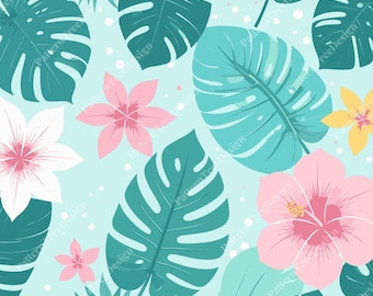 Seamless tropical pattern - Monstera leaves and hibiscus flowers - for textiles, stationery, web design and printables