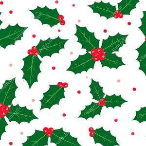 May include: A seamless pattern featuring green holly leaves with red berries and scattered red dots on a white background. The design is a festive, repeating pattern, perfect for holiday-themed products.