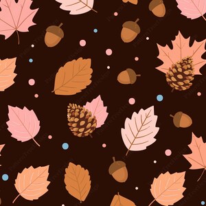 May include: A repeating pattern of autumnal motifs. The design showcases stylized leaves in pink, peach, and brown, alongside acorns, pine cones, and small dots, set against a dark brown backdrop.
