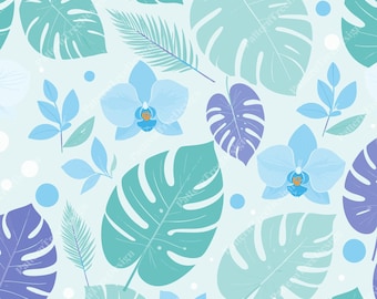 Seamless tropical pattern - Monstera leaves, ferns and orchids - for textiles, stationery, web design and printables