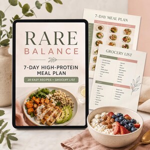 May include: A digital tablet displaying a 7-Day High-Protein Meal Plan titled Rare Balance, featuring a photo of chicken, quinoa, and avocado. Beside it are printed pages showing a 7-day meal plan grid and a categorized grocery list for food items.