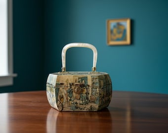 ヴィンテージ アントン・ピーク デコパージュ ハンドバッグボックス – ルーサイト製ハンドル付き八角形ハンドバッグ小物入れ