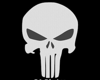 May include: A digital embroidery file design featuring a white stylized skull graphic on a black background. Text reads NF PRINTS, PUNISHER EMBROIDERY FILE, 5.2x7 inches, 10 FORMATS, and PES-DST-EXP-JEF-HUS-PCS-SEW-XXX-VIP-VP3.