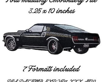 May include: An embroidery file design of a black Ford Mustang car, measuring 3.25 x 10 inches. The text reads: NF PRINTS, Ford mustang Embroidery File, 3.25 x 10 inches, 7 Formats included, PES, DST, EMB, EXP, VP3, XXX, SEW, NF PRINTS.