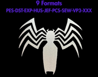 May include: A digital embroidery file featuring a white spider-villain emblem on a black background. Text reads: Spider-Villain Embroidery Digital File, 7 x 7.5 inches, 9 Formats, PES-DST-EXP-HUS-JEF-PCS-SEW-VP3-XXX, and If you need another size, send us a message.