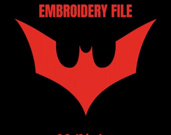 May include: A red Batman Beyond logo on a black background with the text NF PRINTS, Batman Beyond EMBROIDERY FILE, 6.9x10 inches, 10 FORMATS, and PES-DST-EXP-JEF-HUS-PCS-SEW-XXX-VIP-VP3 printed in red.