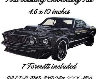 May include: An embroidery file design of a black Ford Mustang car measuring 4.6 x 10 inches. The text reads NF PRINTS, Ford mustang Embroidery File, 4.6 x 10 inches, 7 Formats included, and PES, DST, EMB, EXP, VP3, XXX, SEW.