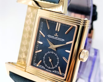 Vintage Luxus Jaeger Lecoultre Re verso Sub Zifferblatt Analog Quarz Blau Zifferblatt Herren Armbanduhr Versandkostenfrei