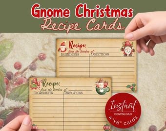 Gnome Christmas Recipe Cards, Vintage Holiday Ephemera (Digital Download)