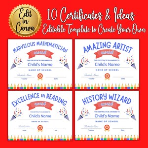 Pode incluir: Um conjunto de quatro certificados imprimíveis com bordas coloridas e texto. Os certificados são para 'Marvelous Mathematician', 'Amazing Artist', 'Excellence in Reading' e 'History Wizard'. Os certificados estão em um fundo vermelho com o texto '10 Certificates & Ideas'.