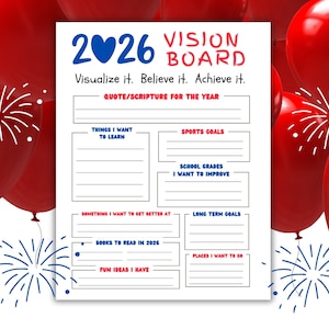 Puede incluir: Un tablero de visión 2026 blanco con detalles en azul y rojo. El tablero incluye secciones para metas, citas e ideas. Globos rojos y fuegos artificiales decoran el fondo.