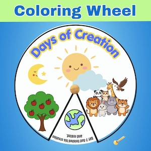 May include: A circular coloring wheel titled "Days of Creation" featuring a sun, moon, tree with apples, a globe, and various animals. The wheel includes a section with the text "Day 7-God finished his creation and rested." and a small gold fastener.