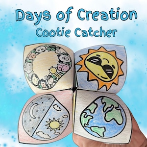 Può includere: Un gioco di carta pieghevole con illustrazioni colorate a mano dei Giorni della Creazione, tra cui un sole con occhiali da sole, la Terra, una scena con luna e sole e vari animali. Il testo Days of Creation Cootie Catcher è stampato sopra.