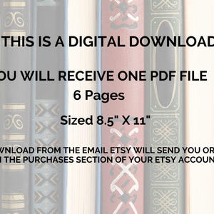 May include: Digital download announcement with text on a background of vintage book spines. The text states: "This is a digital download. You will receive one PDF file, 6 pages, sized 8.5" x 11"." Instructions for download are also included.